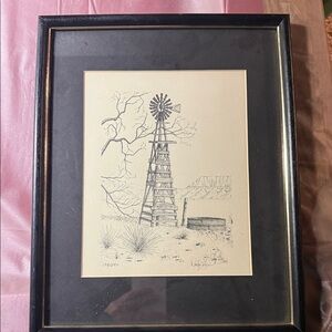Framed Black and White Windmill Sketch
